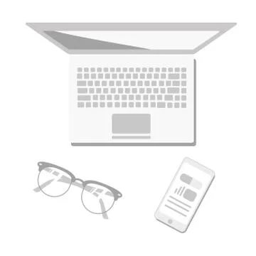 White scene abstract laptop camera glasses pen smart phone 3d rendering Stock Illustration