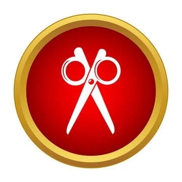 White scissors cutting tool icon on red badge Stock Illustration