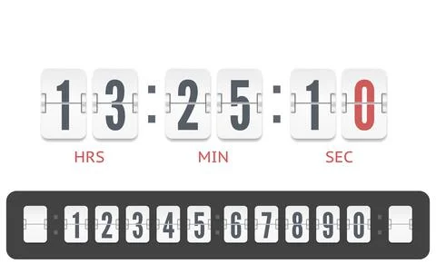 White scoreboard countdown number font. Vintage flip clock time counter vector Stock Illustration