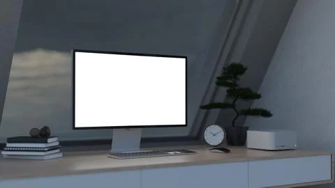 White screen and portable computer with book and clock aside bonsai pot on .. Stock Illustration