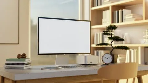White screen computer and bonsai pot on a marble top wooden table in a sunl.. Ilustração Stock