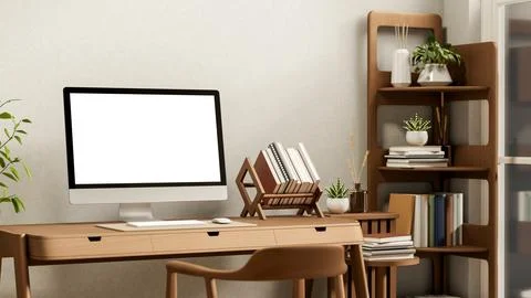 White screen computer and book rack on wooden table and chair aside display.. Stock Illustration