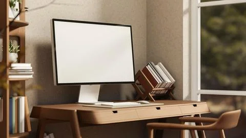 White screen computer and book rack on wooden table aside shelf and glass w.. イラスト素材
