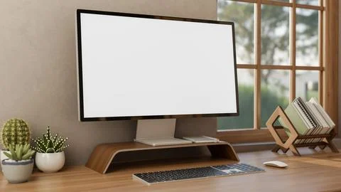 White screen computer and book rack with cactus pot on wooden table aside t.. 스톡 일러스트