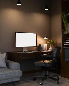 White screen computer and books under lamp light on wooden table with swive.. Stock Illustration