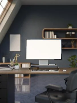 White screen computer and books on wooden table with swivel chair on granit.. Stock Illustration