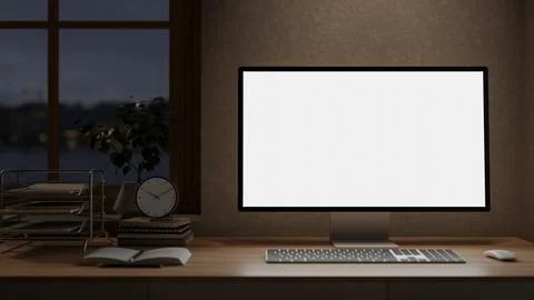 White screen computer and clock atop books on wooden table under window in .. Stock Illustration