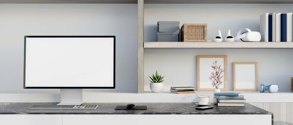 White screen computer and coffee with book on black marble table in front o.. Stock Illustration