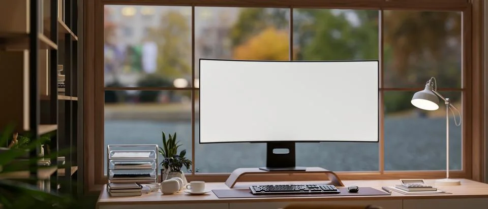 White screen computer and coffee with headphone on wooden table in glass wa.. Stock Illustration