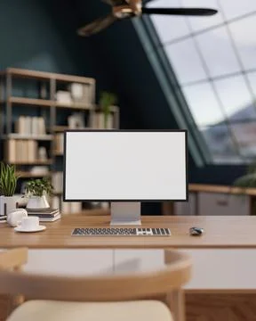 White screen computer and coffee on wooden working table and chair across r.. Illustrazione stock