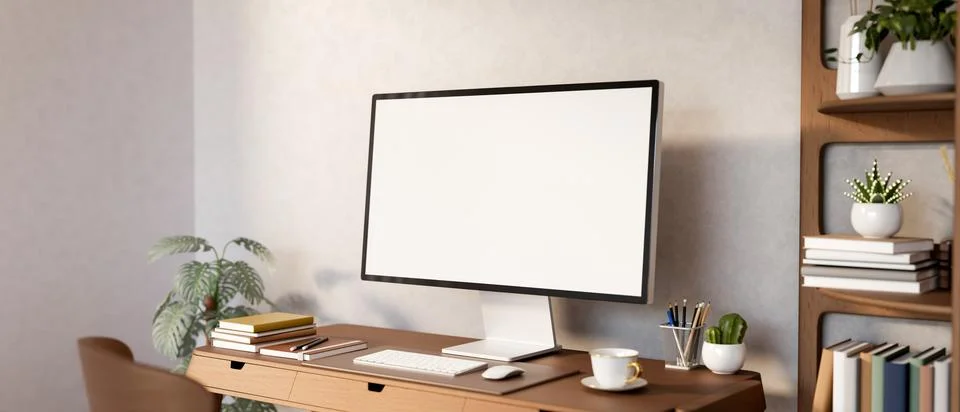 White screen computer and coffee on wooden table aside bookshelf and housep.. Stock Illustration