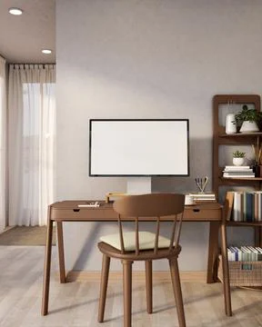 White screen computer and coffee on wooden table aside bookshelf on parquet.. Stock Illustration