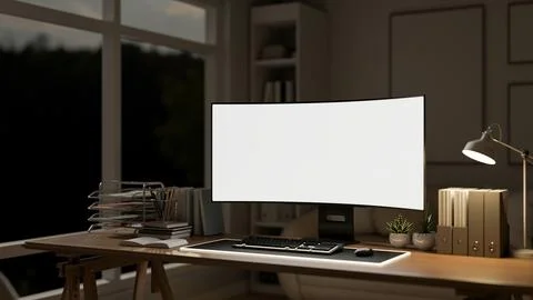 White screen computer and document folders aside lamp on wooden working tab.. Stock Illustration