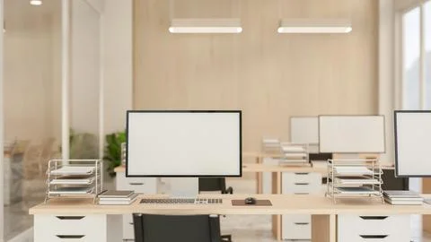 White screen computer and document on wooden drawer table and chair in offi.. イラスト素材