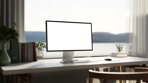White screen computer and folders with vase on table in a bright room with .. Stock Illustration