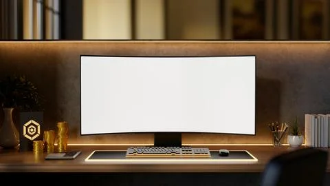 White screen computer and gold coins aside business award plate on wooden t.. Stock Illustration