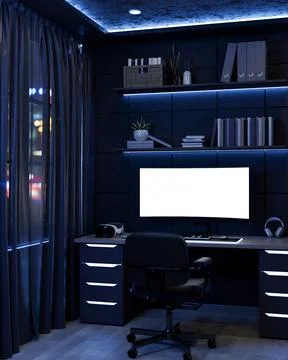 White screen computer and headset on drawer table with neon blue backlighti.. Stock Illustration