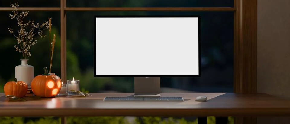 White screen computer and jack-o-lantern halloween pumpkins and candles on .. 스톡 일러스트