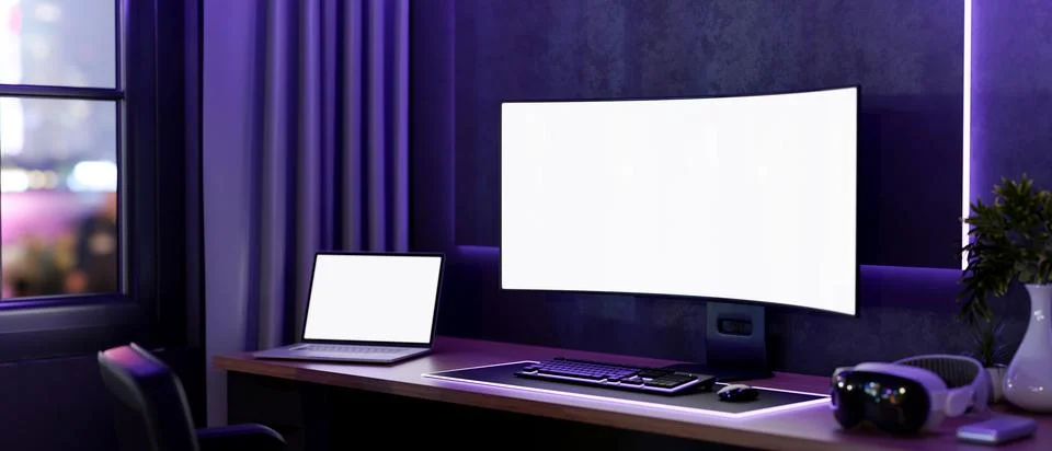 White screen computer and laptop with headset on wooden table with neon pur.. Stock Illustration