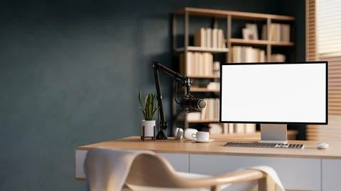 White screen computer and mic with headphones for radio or podcast on woode.. Stock Illustration
