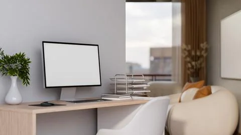 White screen computer and paper tray on wooden table with chair beside whit.. Illustrazione stock
