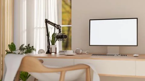 White screen computer and podcast microphone aside headphone and coffee on .. Stock Illustration