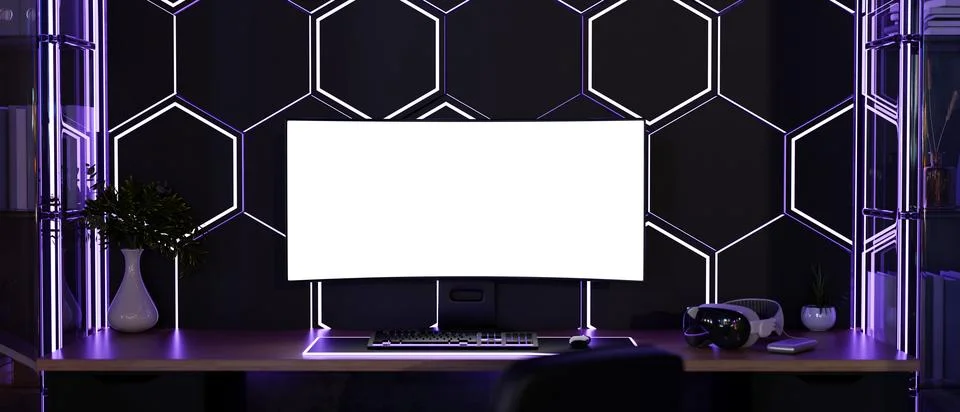 White screen computer and vision headset on wooden table with neon purple m.. Stock Illustration