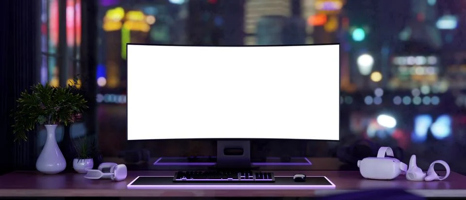 White screen computer and vision headset on table with neon purple backligh.. Stock Illustration