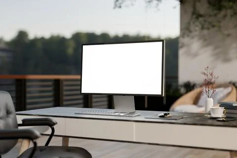 White screen computer on black marble table and armchair at the rooftop of .. 스톡 일러스트