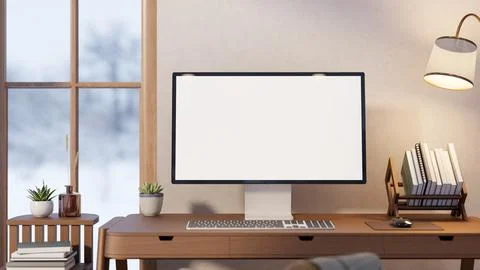 White screen computer with book rack and lamp on wooden table with snow fal.. Stock Illustration
