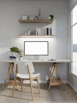 White screen computer with books and a wooden figure aside on white table i.. 스톡 일러스트