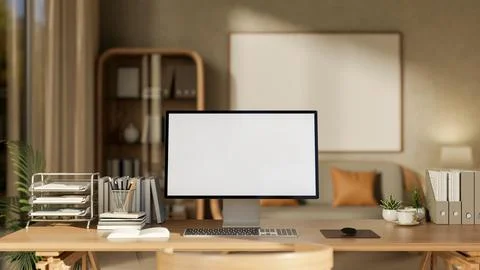 White screen computer with books and stationary on wooden table in a cosy l.. Illustrazione stock