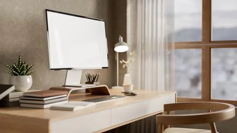 White screen computer with books and lamp on wooden table aside window in t.. Stock Illustration