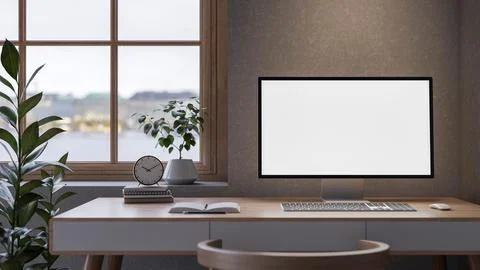 White screen computer with books and clock on wooden table aside window and.. Stock Illustration