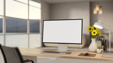 White screen computer with books and sunflower vase on wooden table aside w.. Stock Illustration