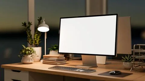 White screen computer with books and desk lamp on wooden drawer table and d.. Stock Illustration