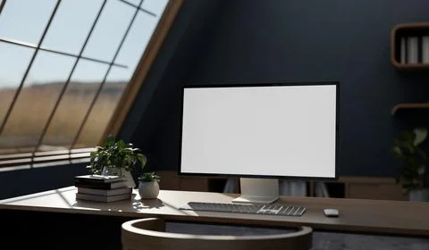 White screen computer with books and pot plant on wooden table aside roof w.. Stock Illustration