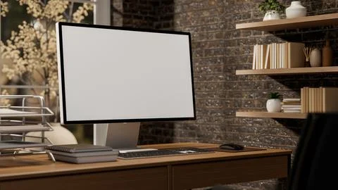 White screen computer with books and paper rack on wooden table aside windo.. 库存插图