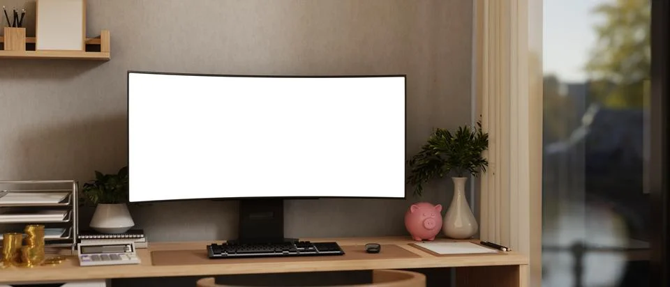 White screen computer with calculator, gold coins and piggy bank on table i.. Stock Illustration
