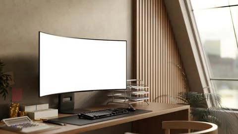 White screen computer with calculator gold coin and banknote on wood table .. イラスト素材