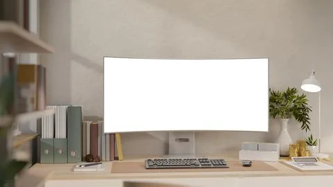 White screen computer with calculator, gold coins and lamp on wooden table .. Illustrazione stock