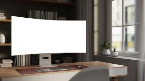 White screen computer with coffee and calendar aside lamp on wooden table i.. Stock Illustration