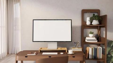 White screen computer with coffee and stationery on wooden table aside book.. イラスト素材