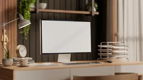 White screen computer with coffee and books on table and chair aside slats .. Stock Illustration