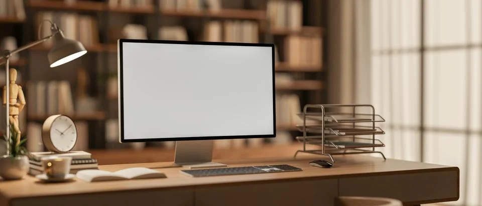 White screen computer with coffee and clock on table across wall bookshelf .. Stock Illustration