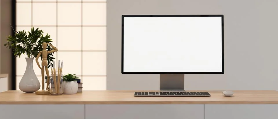 White screen computer with drawing figure and painting brushes aside vase a.. Illustrazione stock