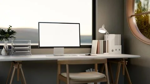 White screen computer with file folder and lamp on wooden table with chair .. Stock Illustration