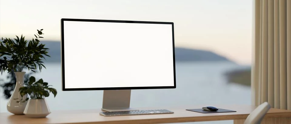 White screen computer with flower vases on wooden table in a glass wall liv.. Illustrazione stock