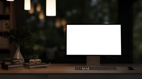 White screen computer with glasses atop books aside plants and vase on wood.. Illustrazione stock