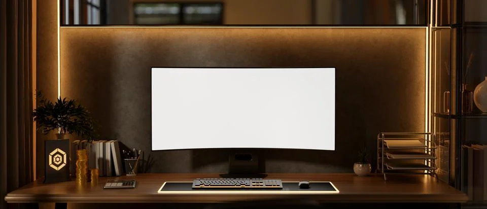 White screen computer with gold coins and award plate aside calculator on t.. Stock Illustration